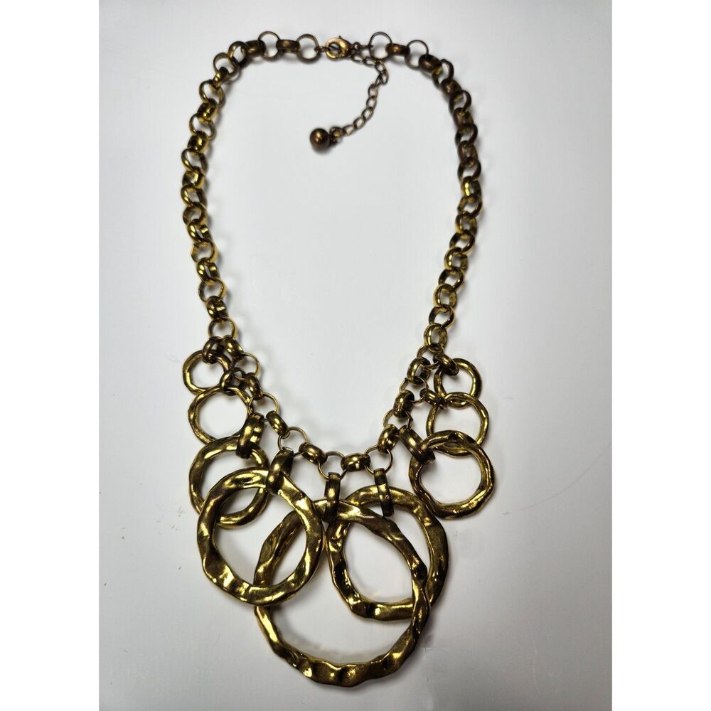Chunky Hammered Gold Tone Statement Necklace 16” Chain with 2.5” Ring Pendant